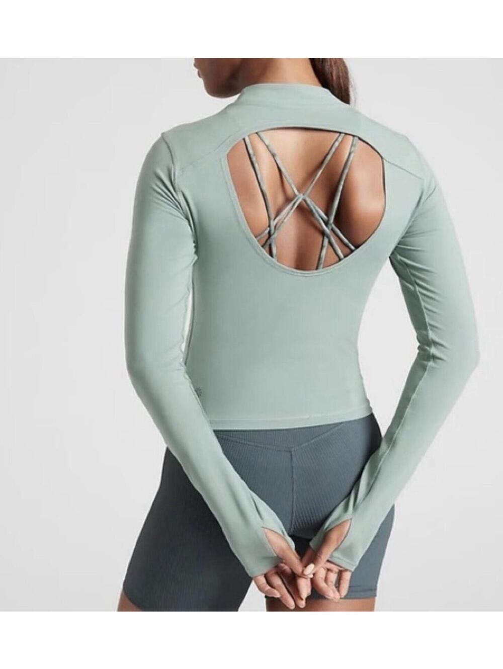 Athleta Shanti Mock Neck Crop Top XL Green PowerVita Open Back Yoga Shirt - Picture 1 of 8